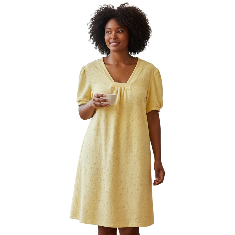 Size L STAN HERMAN Yellow Terrycloth polka dot Pajama Nightgown /dress/ coverup